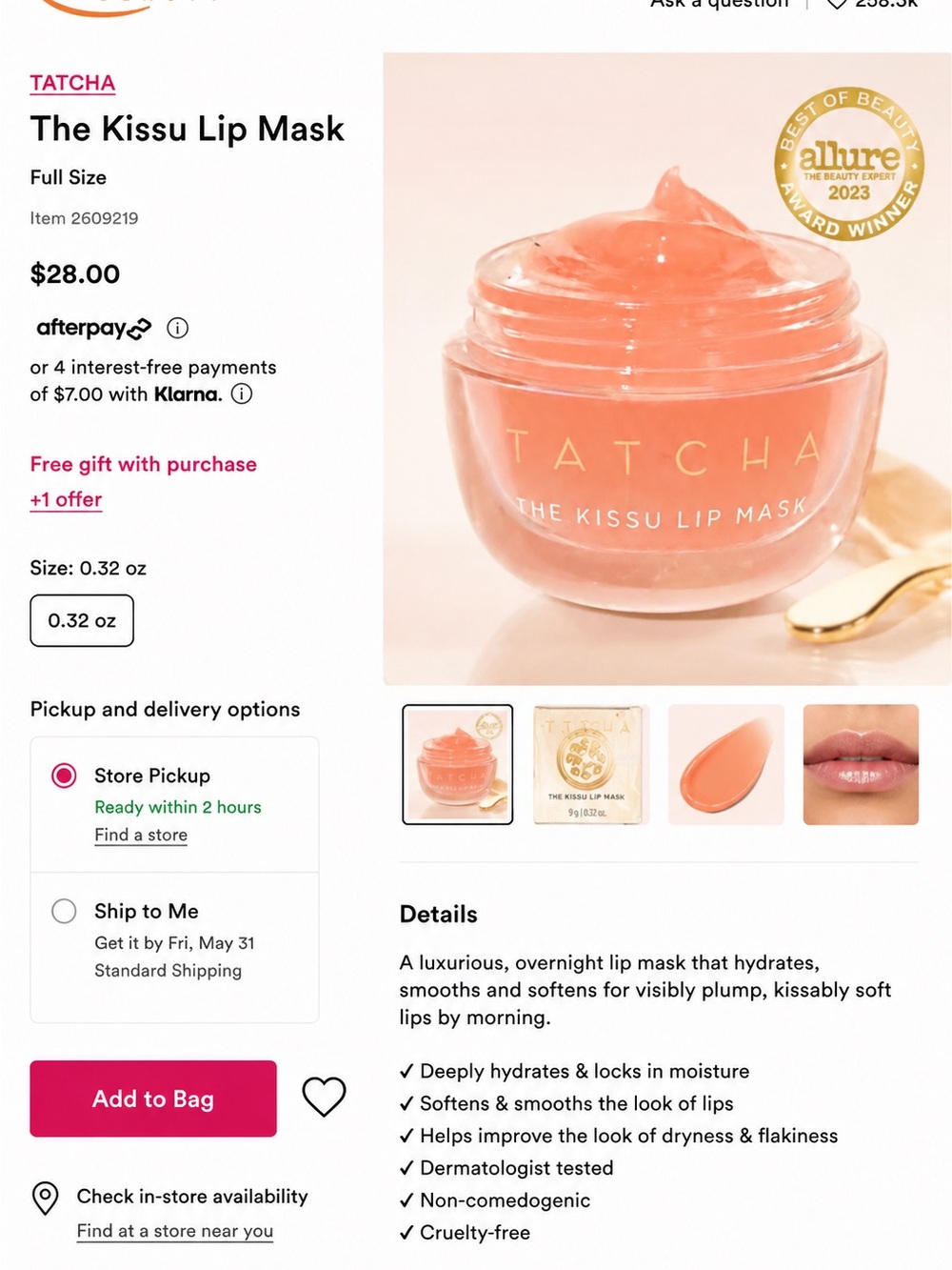 Tatcha The Kissu Lip Mask — Hydrating Overnight Lip Treatment (Peach) GLOSS